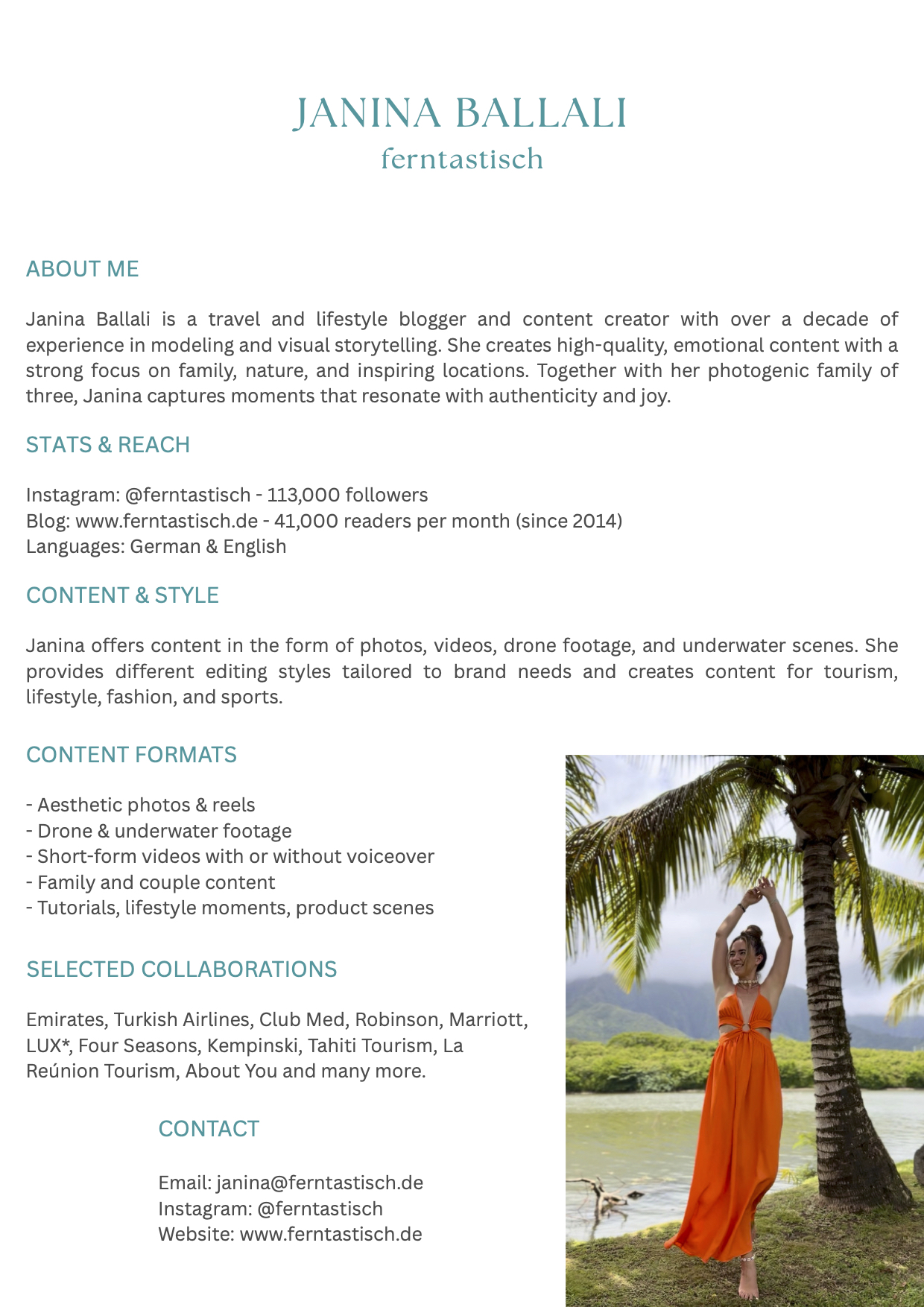 Janina Ballali - ferntastisch - media kit + portfolio